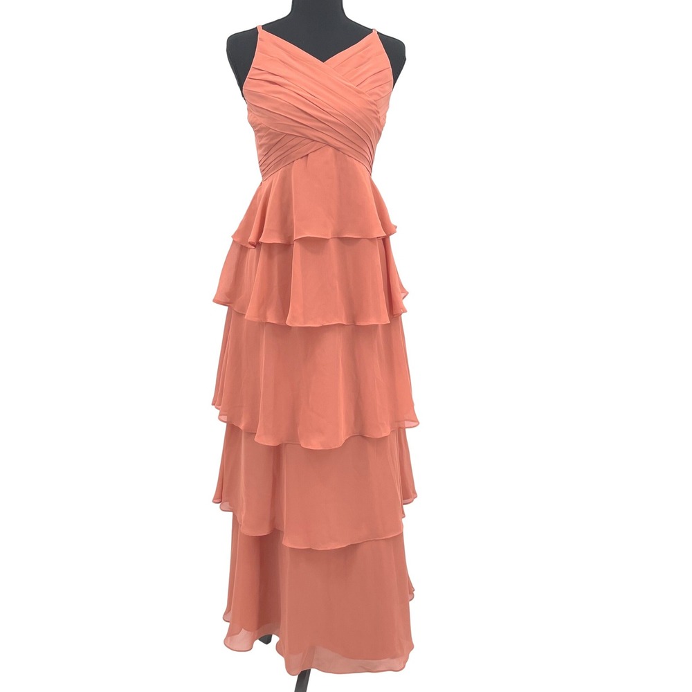 Azazie Daniela Dress J16 Coral Pink Chiffon Tiered Ruffle Maxi Junior Bridesmaid